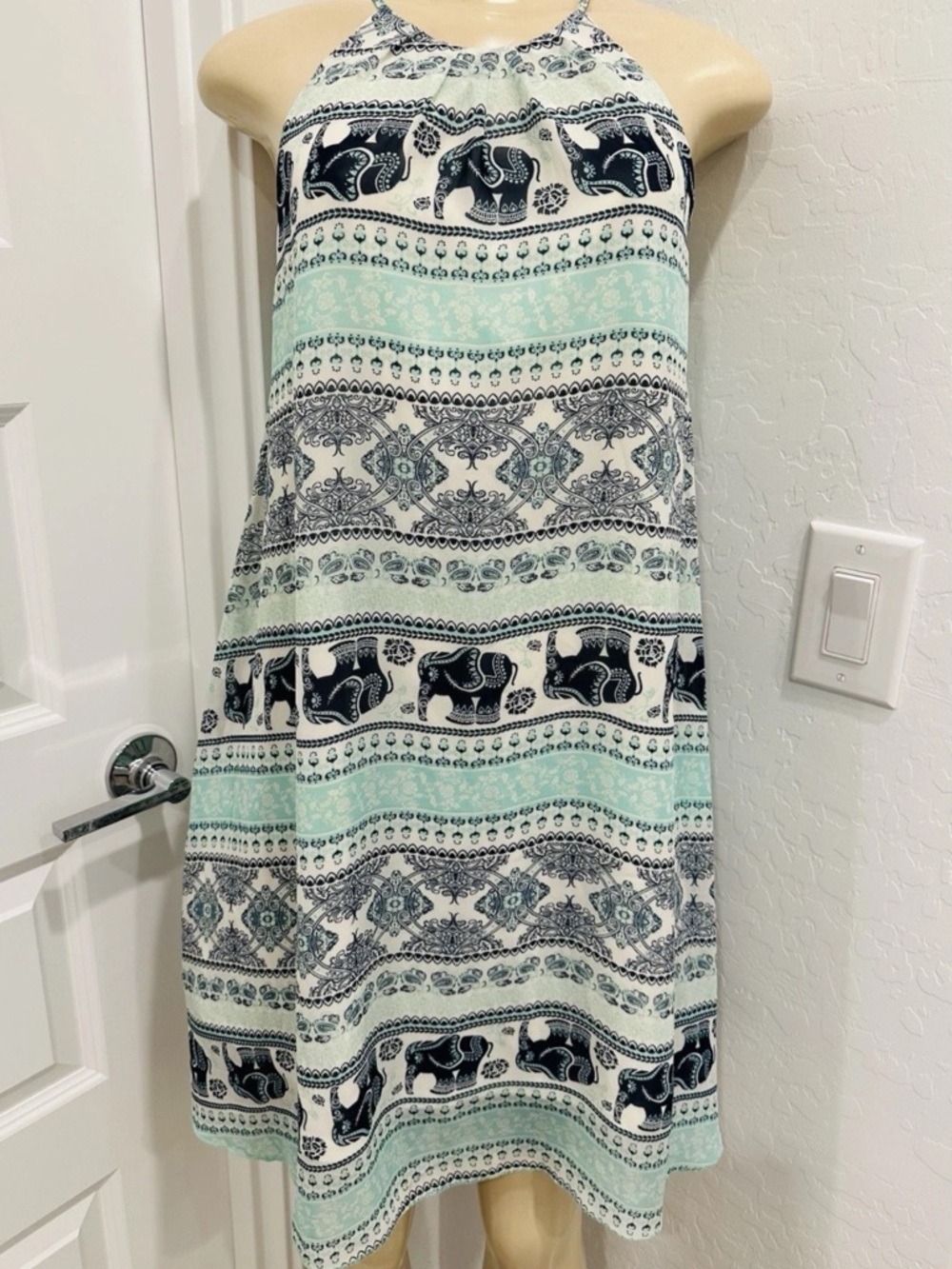 Rue21 Elephant Print Halter Dress in Mint and Navy Summer Boho Small